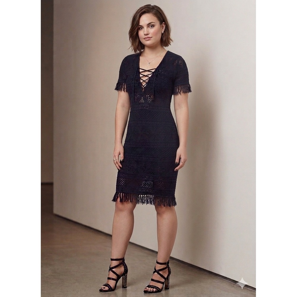 A.L.C. Crochet Lace Up Dress Womens Small Black Fringe Pointelle 7163A
